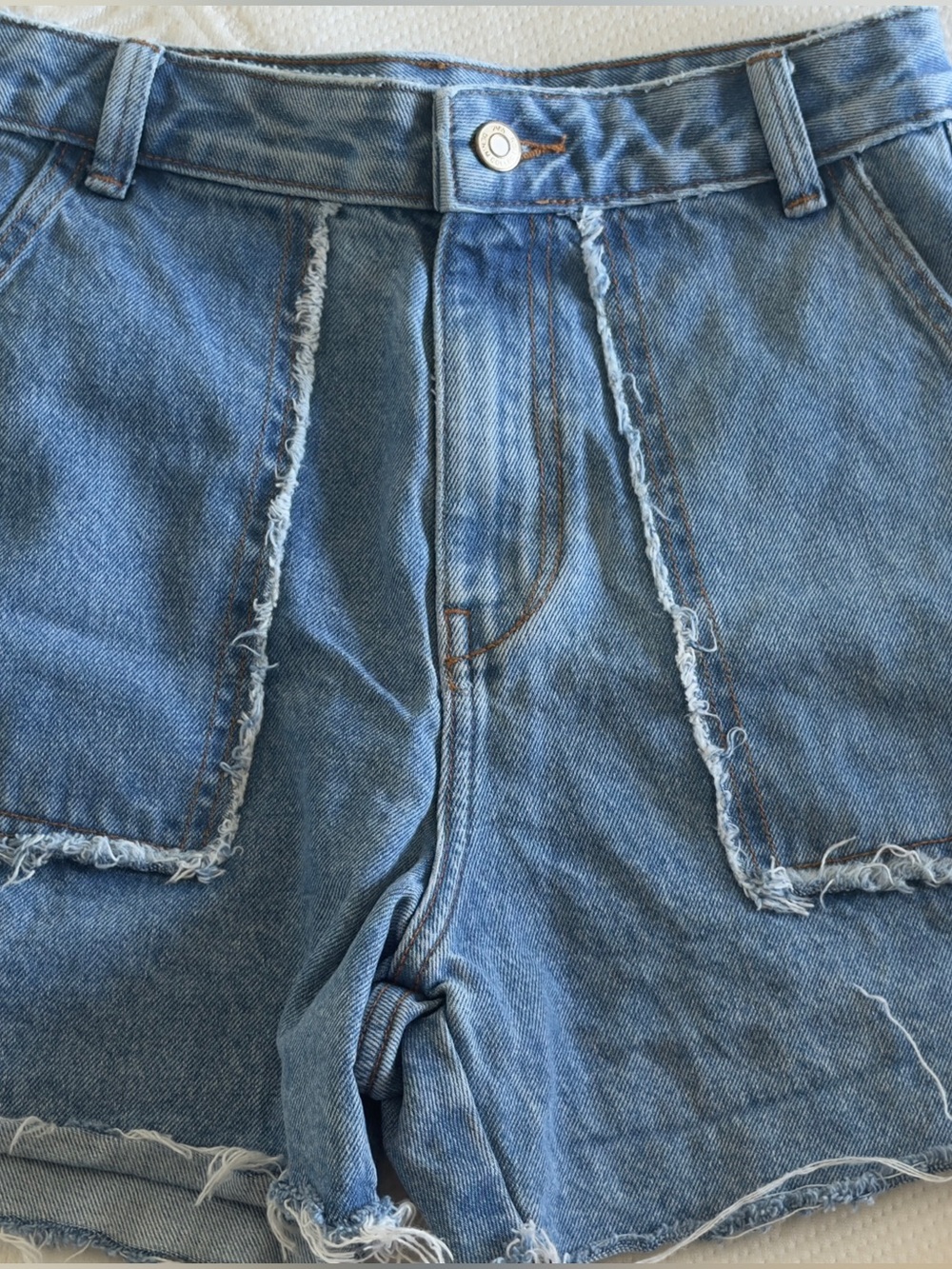 Zara Light Blue Women's Denim Jean Shorts with Frayed Pocket Trim